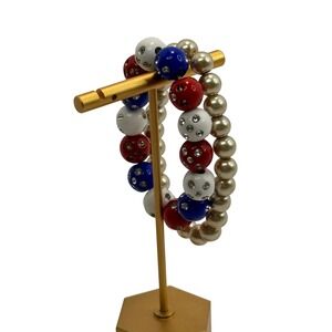Red White Blue Rhinestone Bead Faux Pearl Stretch Bracelet Set 2pc Patriotic Y2K